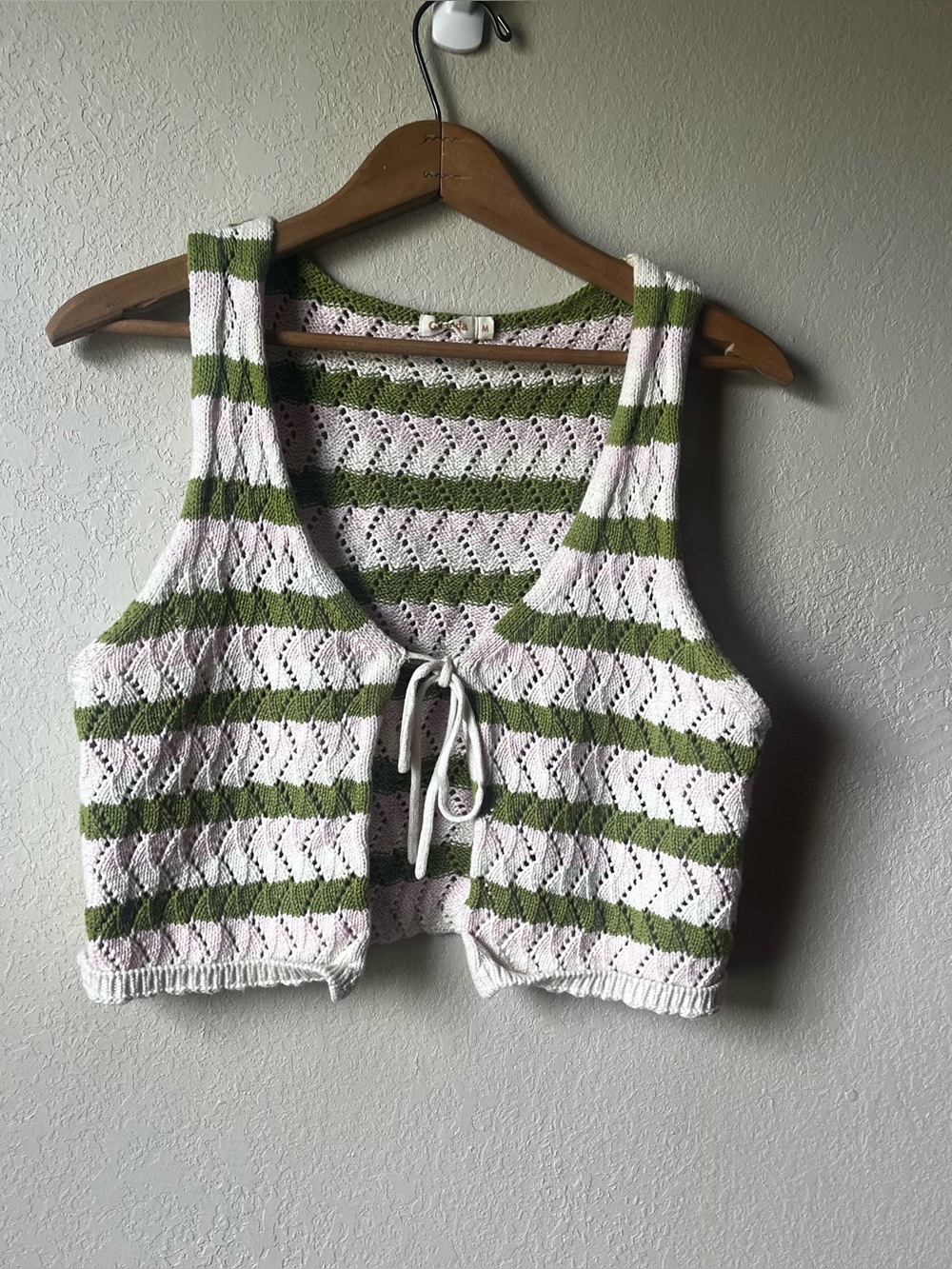 Ghanda Striped Knit Tie-Front Crop Tank Top - olive / cream / pink